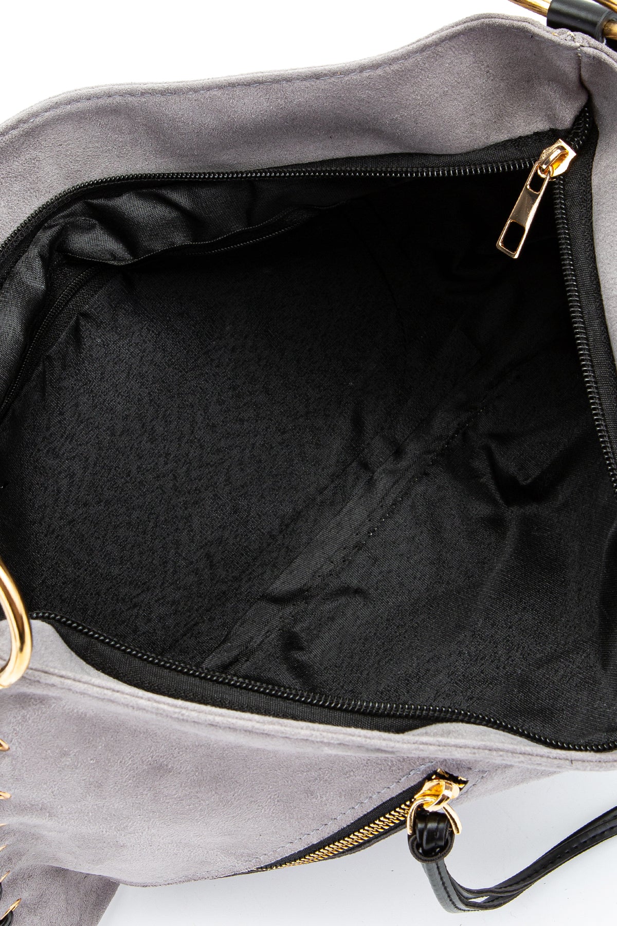 Örgü Saplı İp Sarkıt Detaylı Süet Texas Kadın Kol Çanta Gri