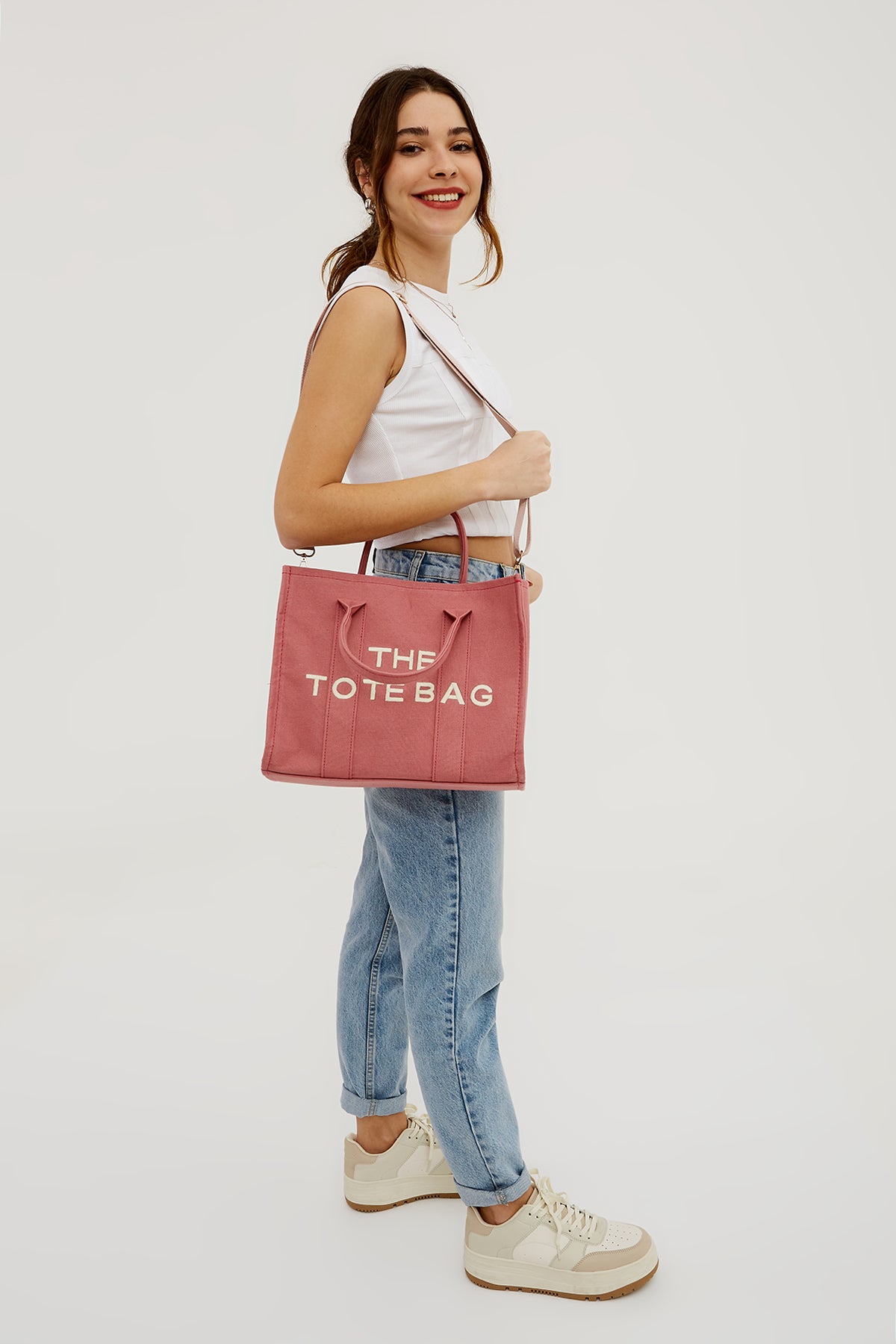 Uzun Askılı Kanvas Kumaş Tote Bag Kadın Çapraz Çanta Pembe
