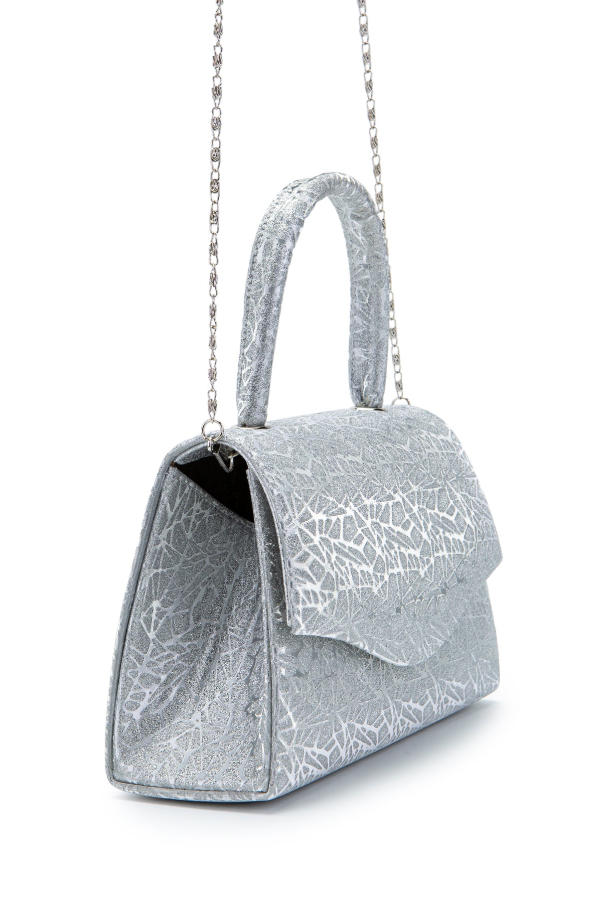 Özel Tasarım Simli Dokulu Shelia Abiye El Çantası Gümüş