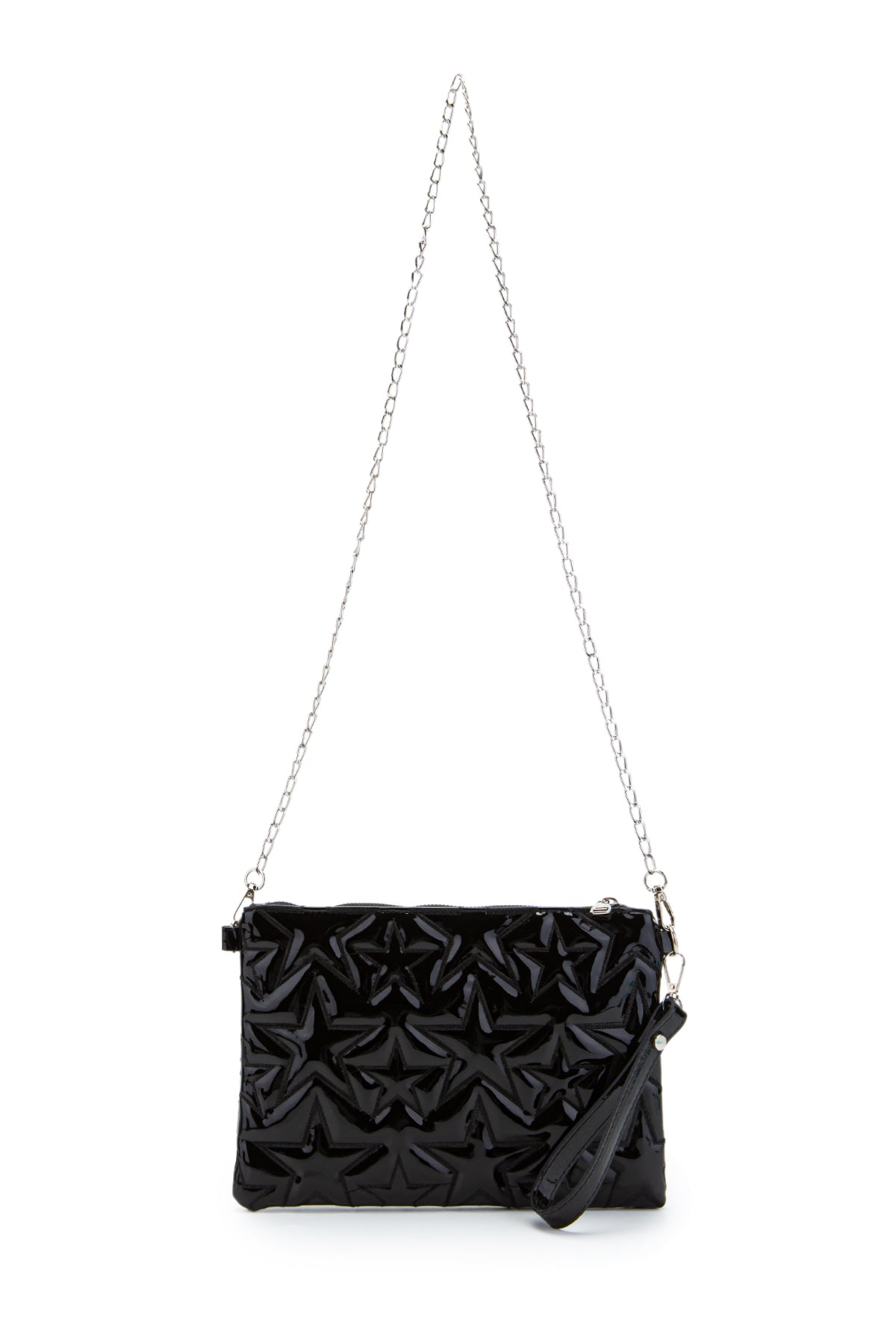Dikişli Clutch Star Suni Deri Kadın Yıldız Çapraz Çanta Siyah Rugan