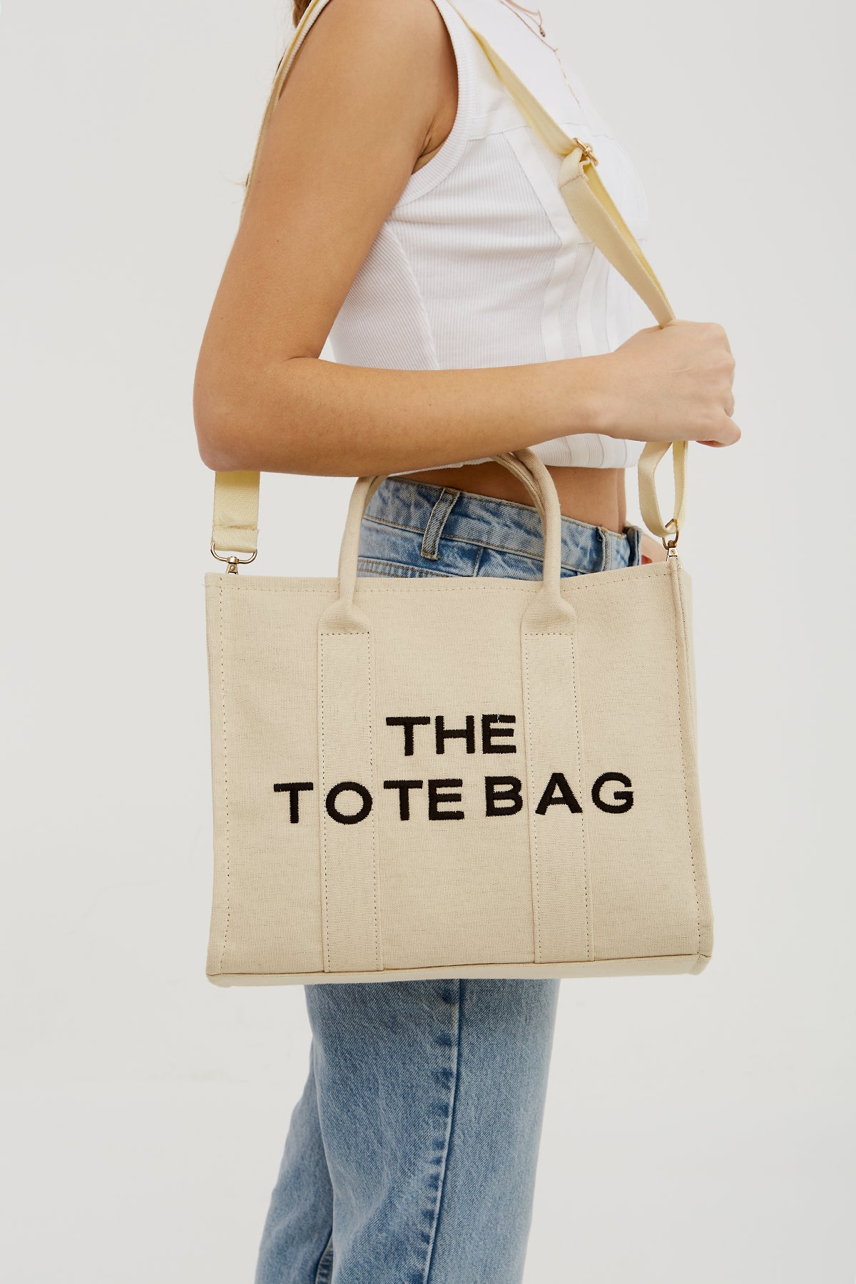 Uzun Askılı Kanvas Kumaş Tote Bag Kadın Çapraz Çanta Krem