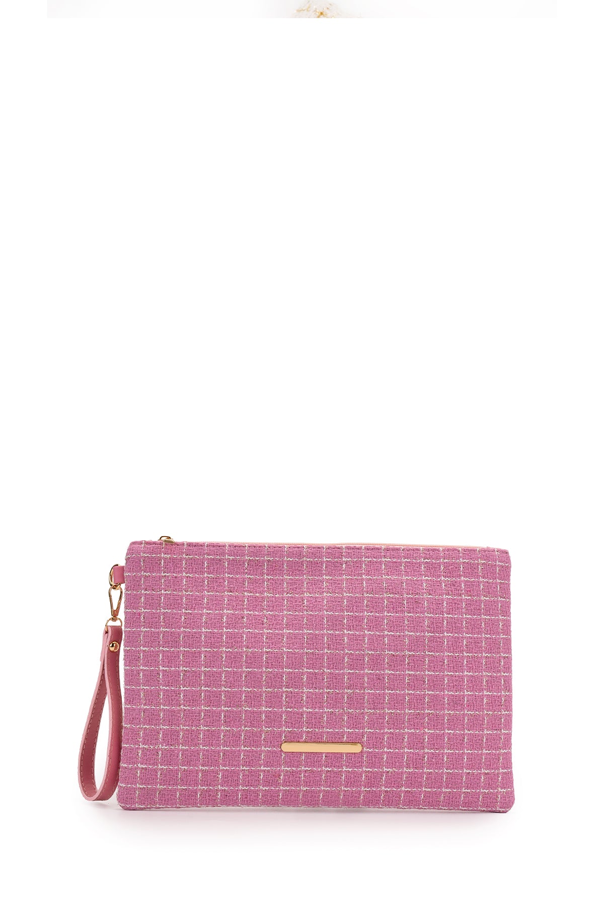 Bilek Askılı Metal Detaylı Clutch Kadın Çanta Madame Desenli Pembe