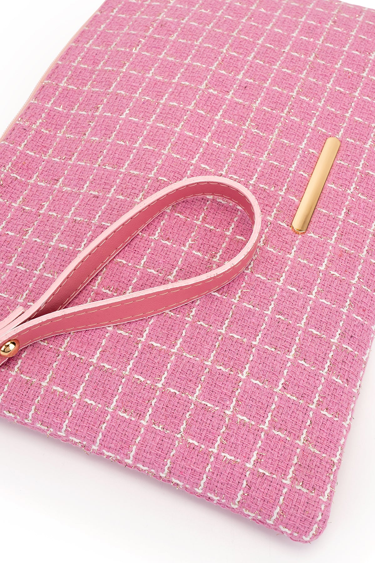 Bilek Askılı Metal Detaylı Clutch Kadın Çanta Madame Desenli Pembe