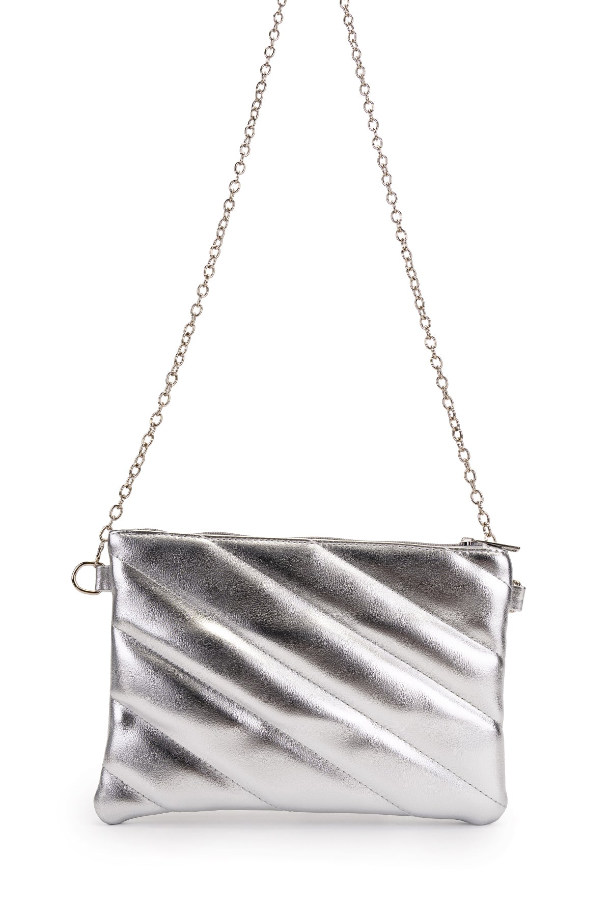 Şık Kapitone Dikişli Clutch Kadın Çapraz Çanta Monaco Gümüş Rugan