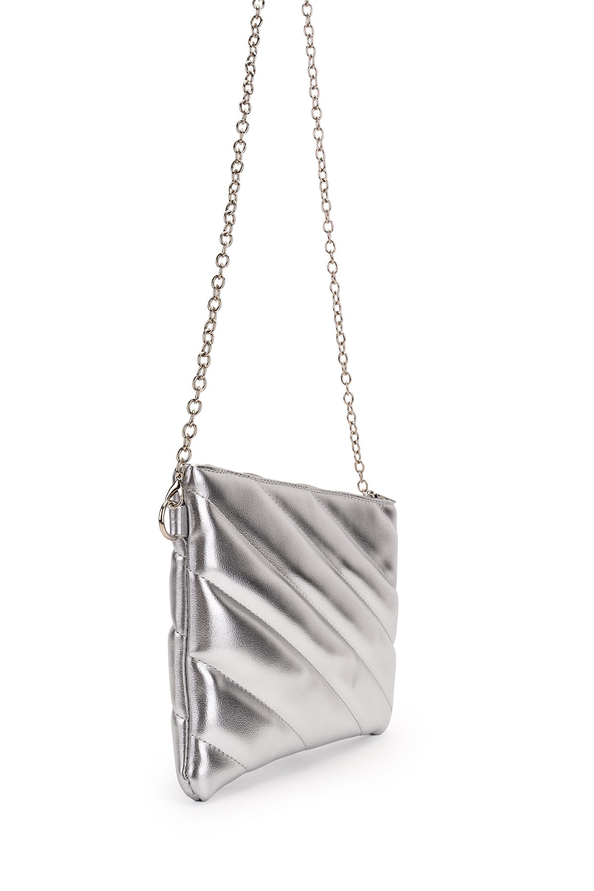 Şık Kapitone Dikişli Clutch Kadın Çapraz Çanta Monaco Gümüş Rugan