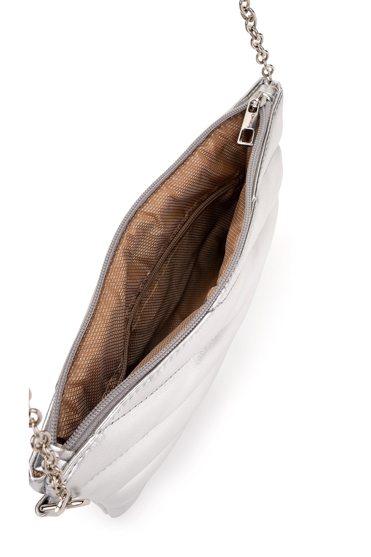 Şık Kapitone Dikişli Clutch Kadın Çapraz Çanta Monaco Gümüş Rugan