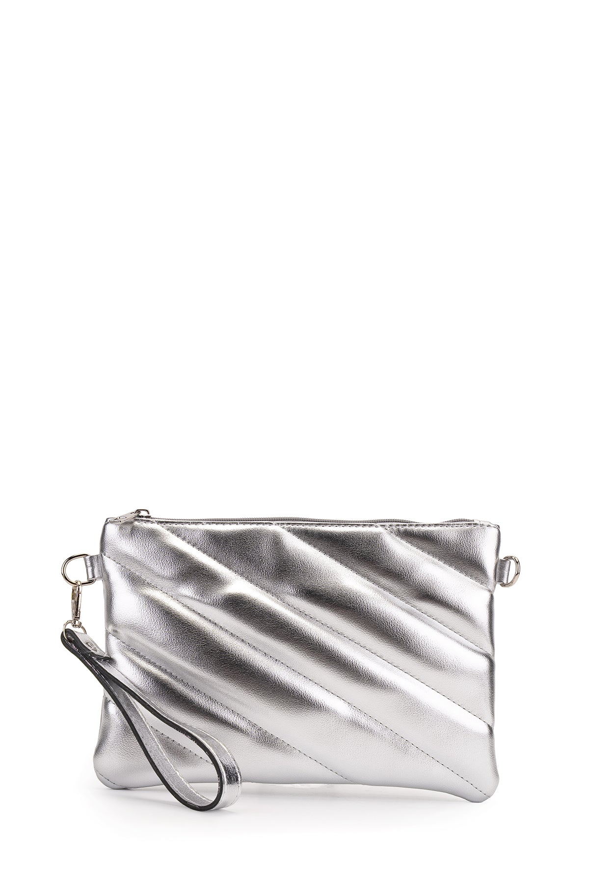 Şık Kapitone Dikişli Clutch Kadın Çapraz Çanta Monaco Gümüş Rugan