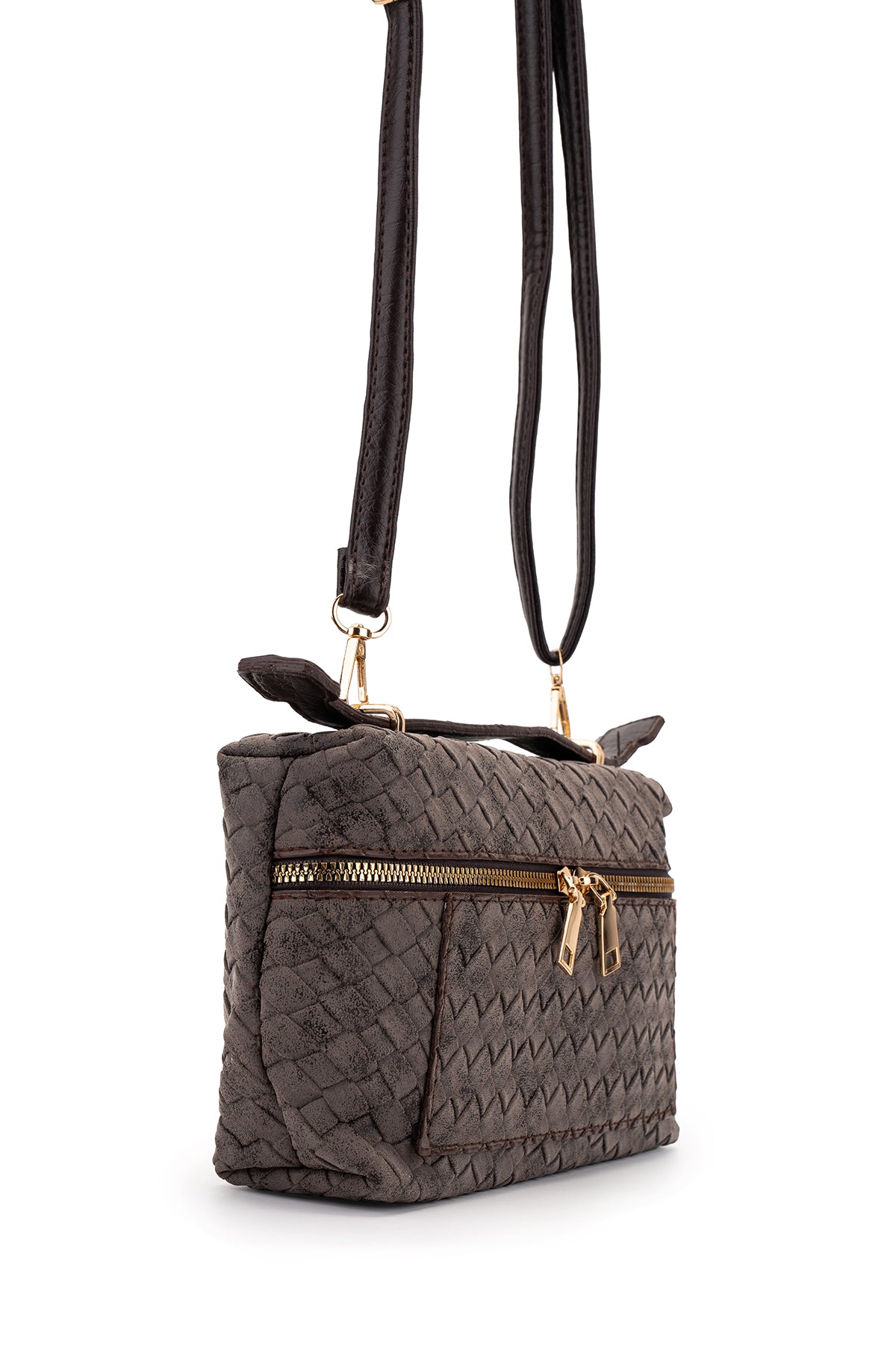 Çift Fermuarlı Sabit Askılı Baget Kadın Çapraz Çanta Neva Süet Kahverengi