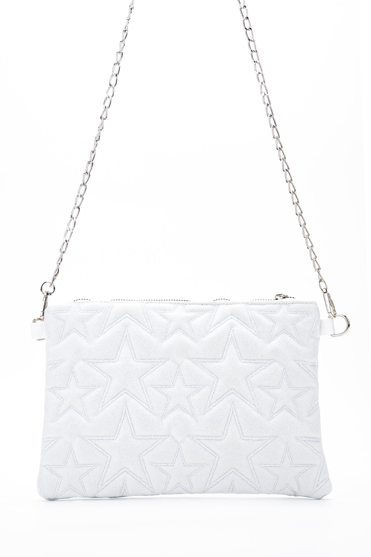 Dikişli Clutch Star Kadın Yıldız Çapraz Çanta Simli Beyaz