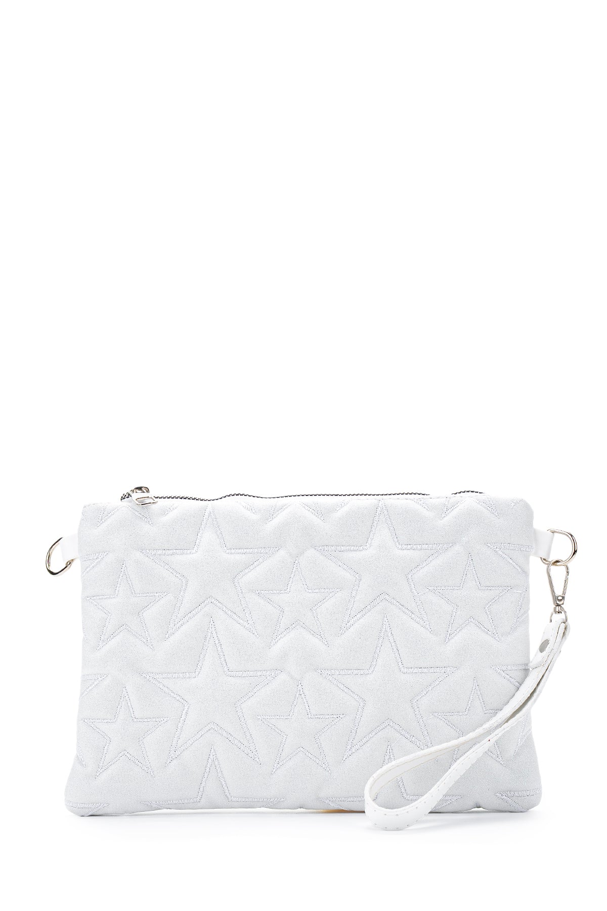 Dikişli Clutch Star Kadın Yıldız Çapraz Çanta Simli Beyaz
