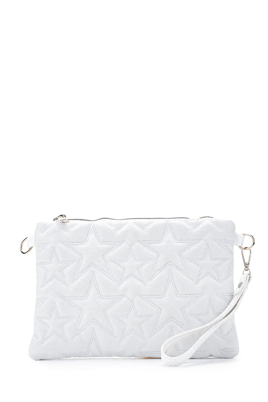 Dikişli Clutch Star Kadın Yıldız Çapraz Çanta Simli Beyaz