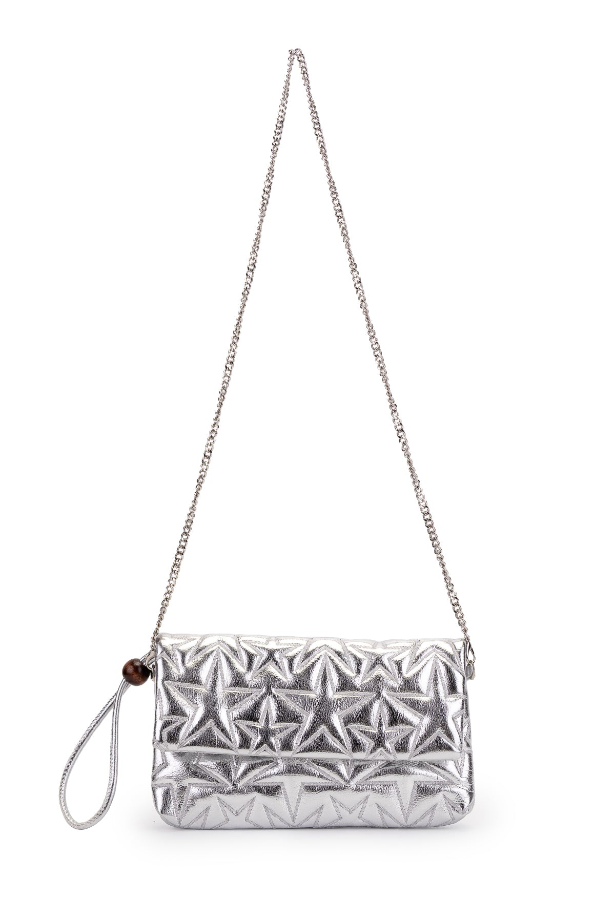Bilek Askılı Yıldız Desen Clutch Kadın Çapraz Çanta Picasso Gümüş Rugan