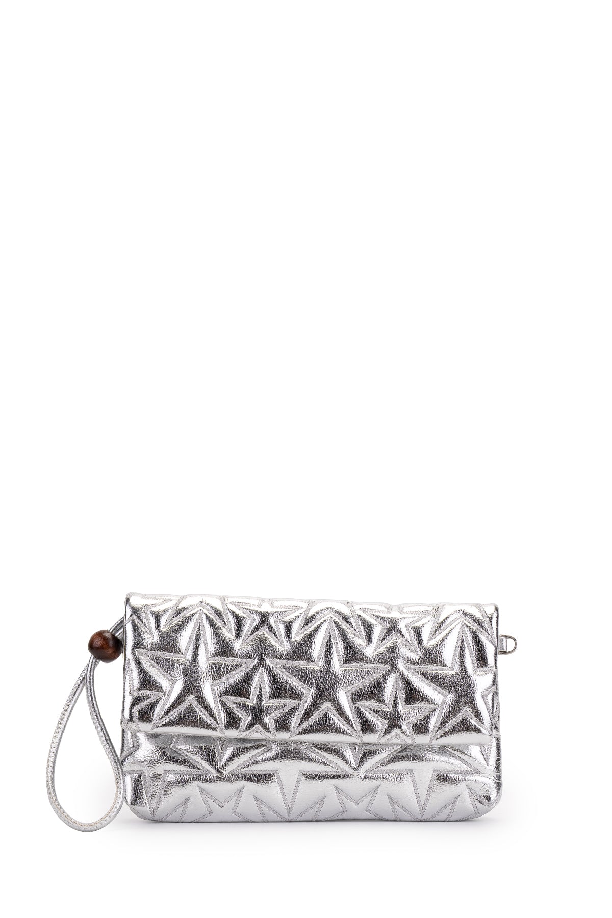 Bilek Askılı Yıldız Desen Clutch Kadın Çapraz Çanta Picasso Gümüş Rugan