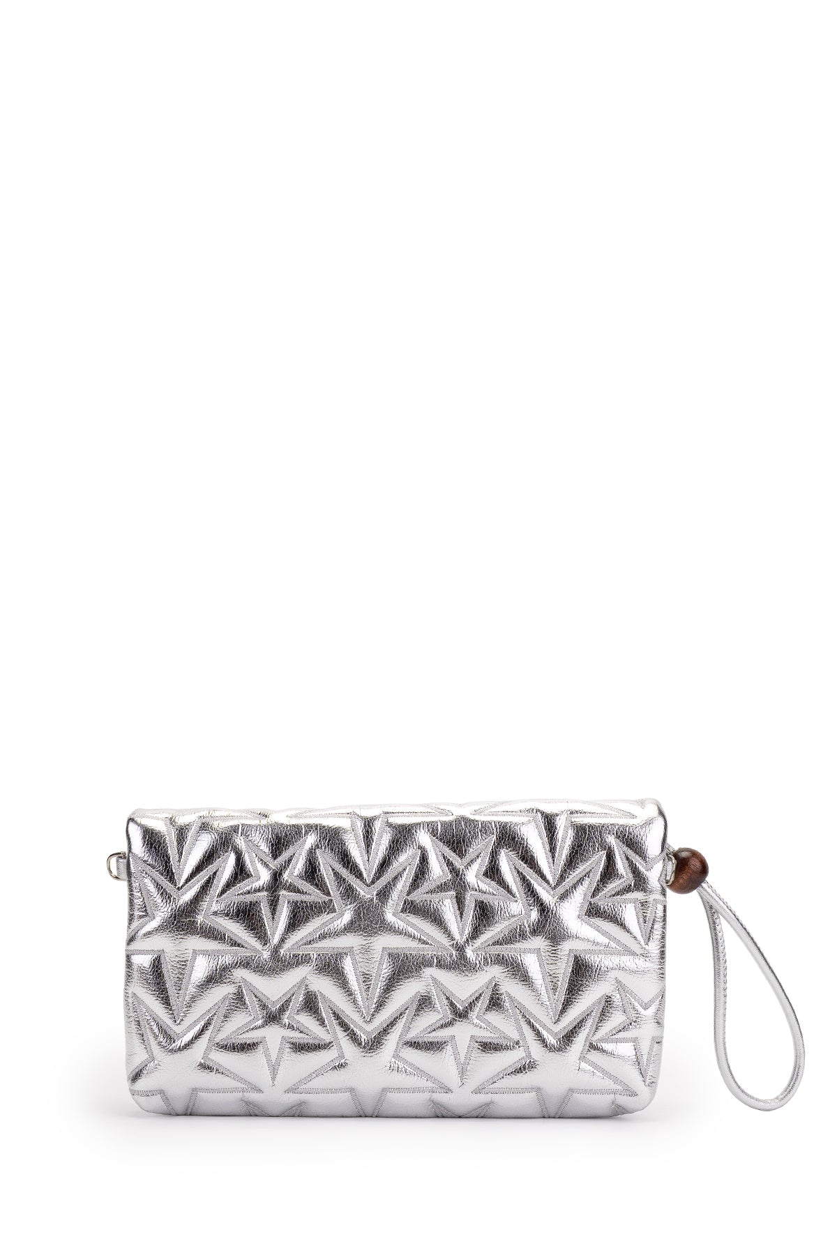 Bilek Askılı Yıldız Desen Clutch Kadın Çapraz Çanta Picasso Gümüş Rugan