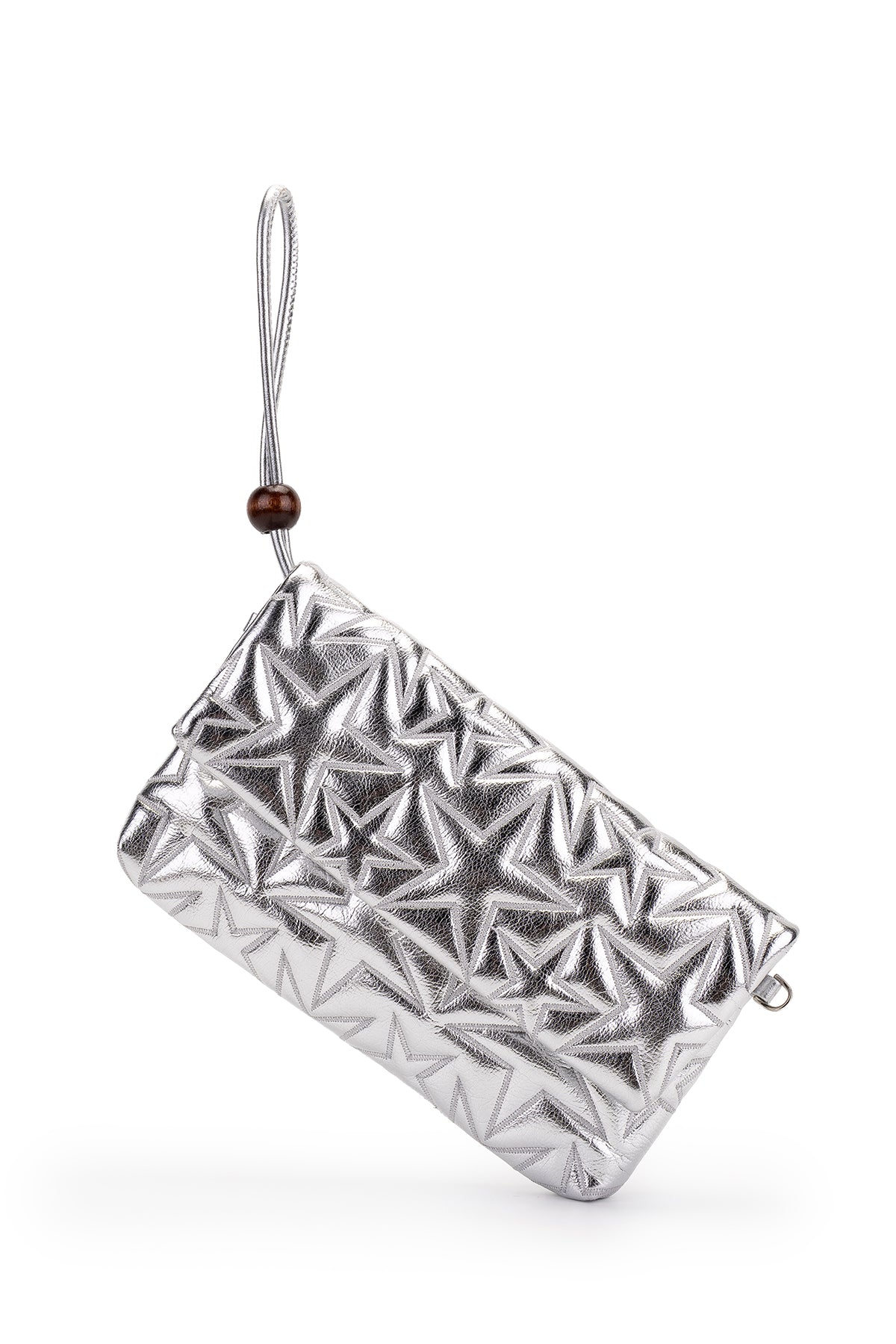 Bilek Askılı Yıldız Desen Clutch Kadın Çapraz Çanta Picasso Gümüş Rugan