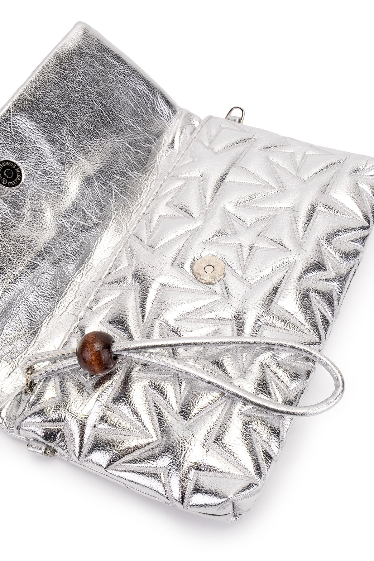 Bilek Askılı Yıldız Desen Clutch Kadın Çapraz Çanta Picasso Gümüş Rugan