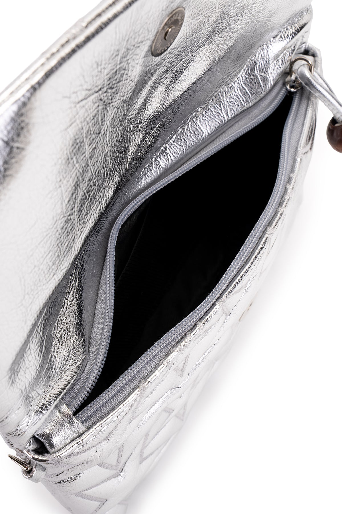 Bilek Askılı Yıldız Desen Clutch Kadın Çapraz Çanta Picasso Gümüş Rugan