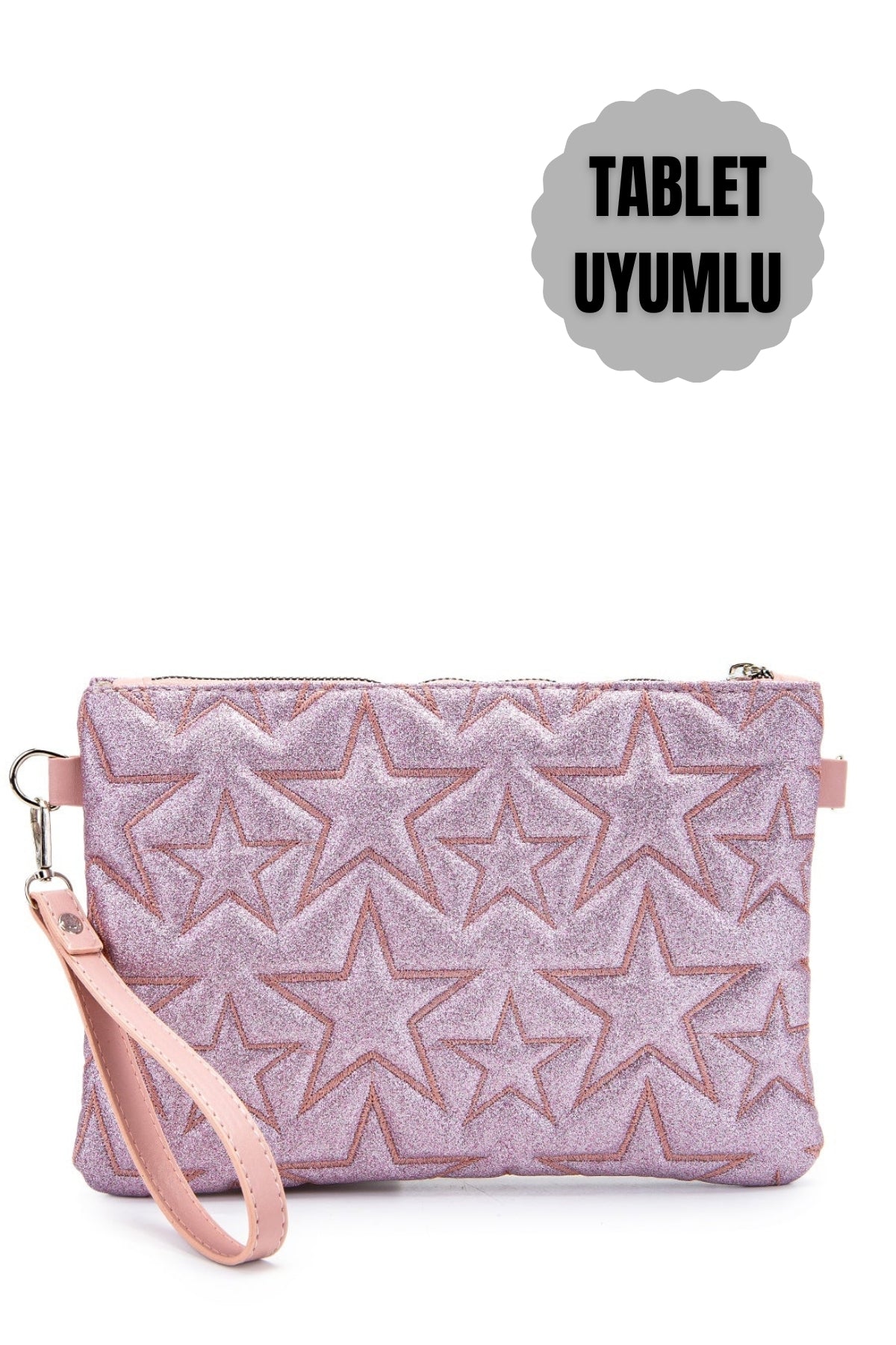 Tablet Boy Dikişli Clutch Star Kadın Yıldız Çapraz Çanta Tbstar Simli Pembe