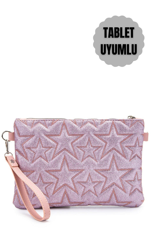 Tablet Boy Dikişli Clutch Star Kadın Yıldız Çapraz Çanta Tbstar Simli Pembe