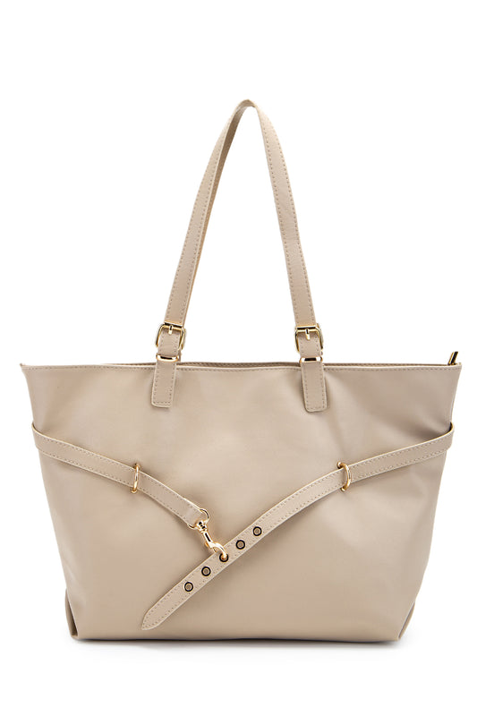 Kemer Detaylı Suni Deri Vest Kadın Kol Çanta Bej