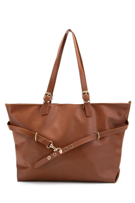 Kemer Detaylı Suni Deri Vest Kadın Kol Çanta Taba