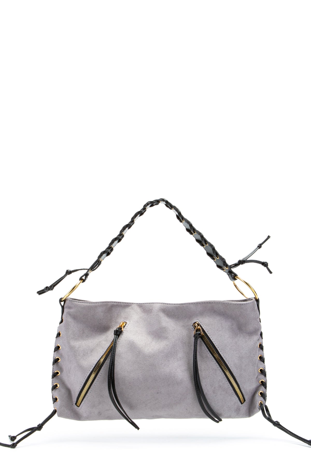 Örgü Saplı İp Sarkıt Detaylı Süet Texas Kadın Kol Çanta Gri