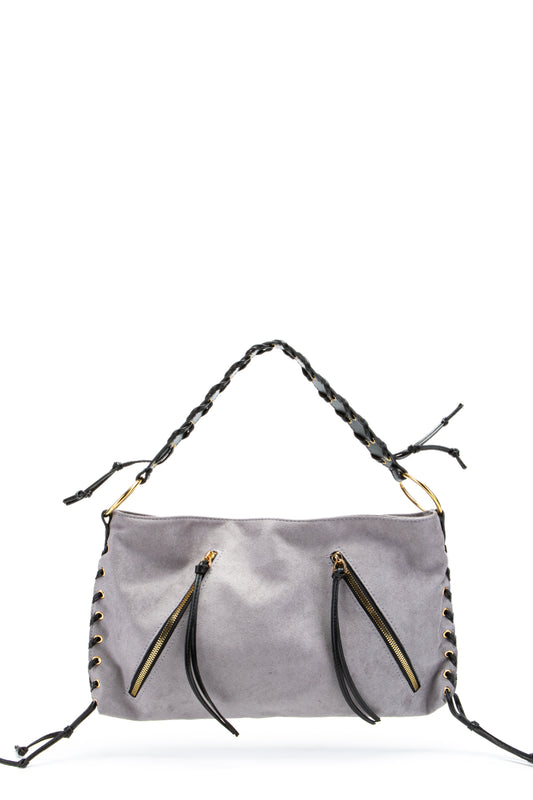 Örgü Saplı İp Sarkıt Detaylı Süet Texas Kadın Kol Çanta Gri