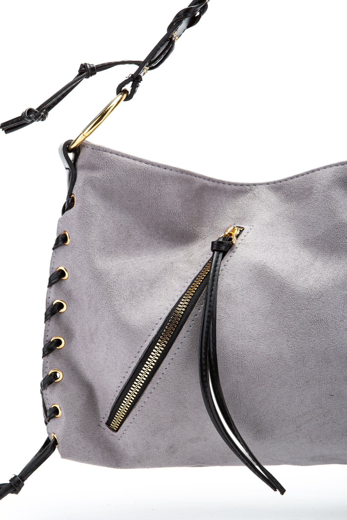 Örgü Saplı İp Sarkıt Detaylı Süet Texas Kadın Kol Çanta Gri