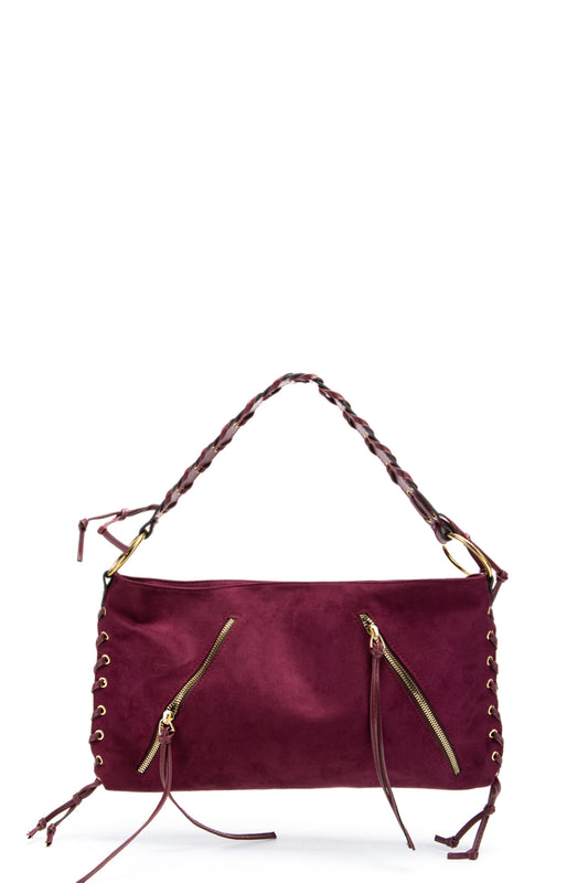 Örgü Saplı İp Sarkıt Detaylı Süet Texas Kadın Kol Çanta Bordo