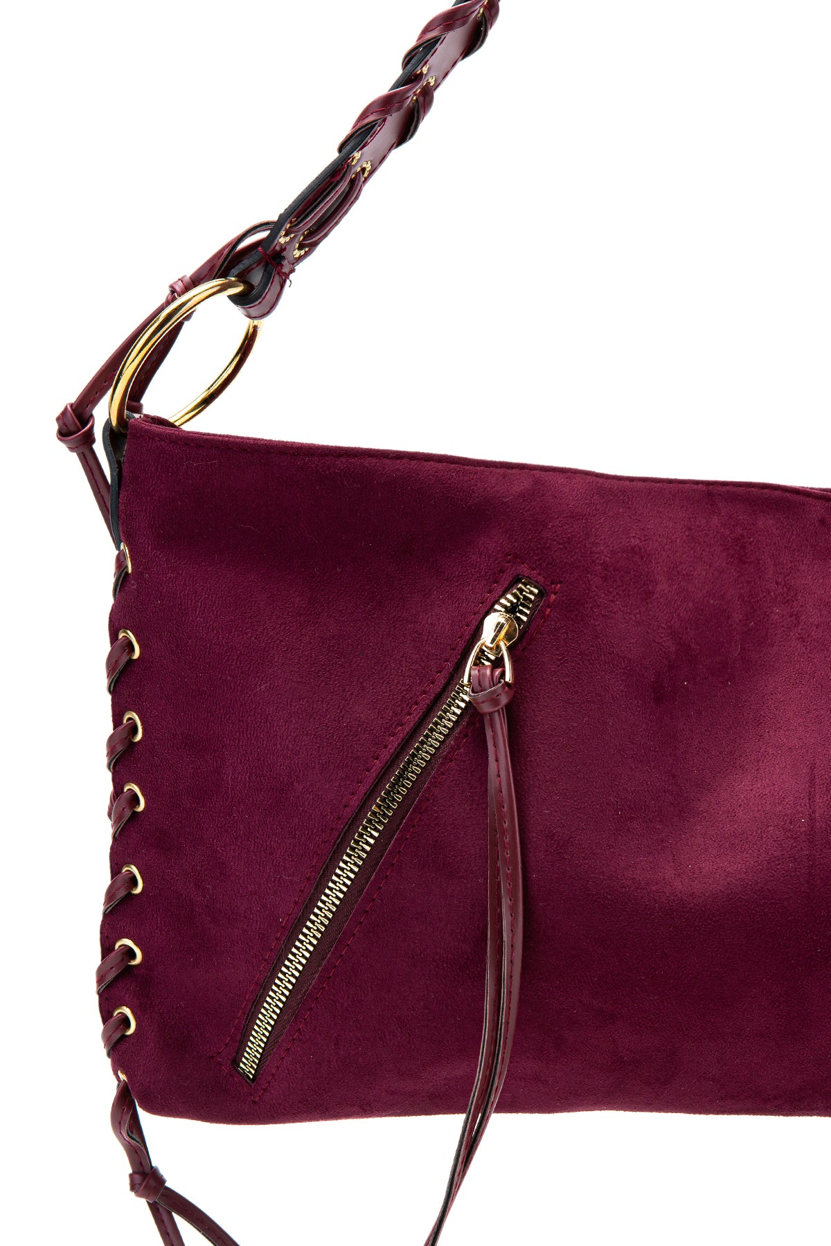 Örgü Saplı İp Sarkıt Detaylı Süet Texas Kadın Kol Çanta Bordo