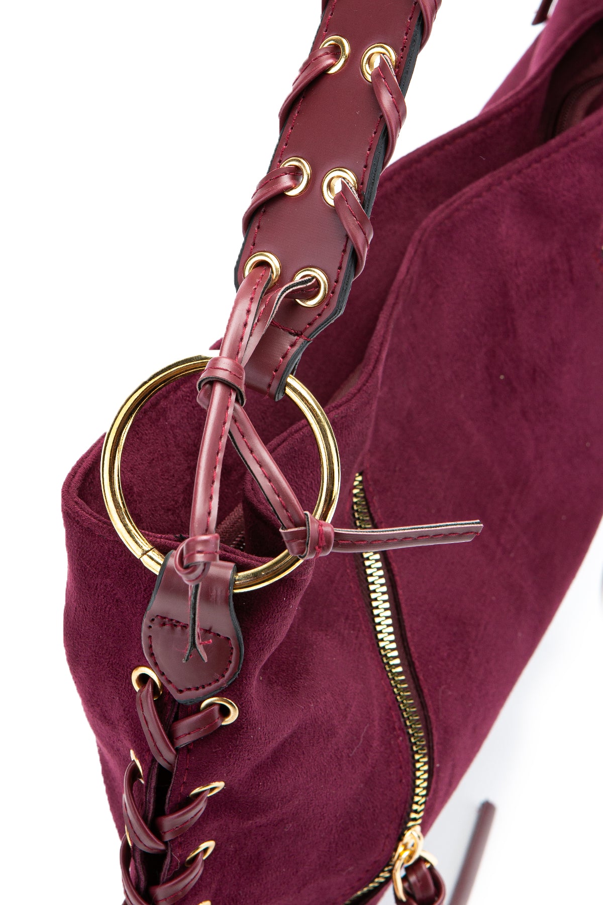 Örgü Saplı İp Sarkıt Detaylı Süet Texas Kadın Kol Çanta Bordo