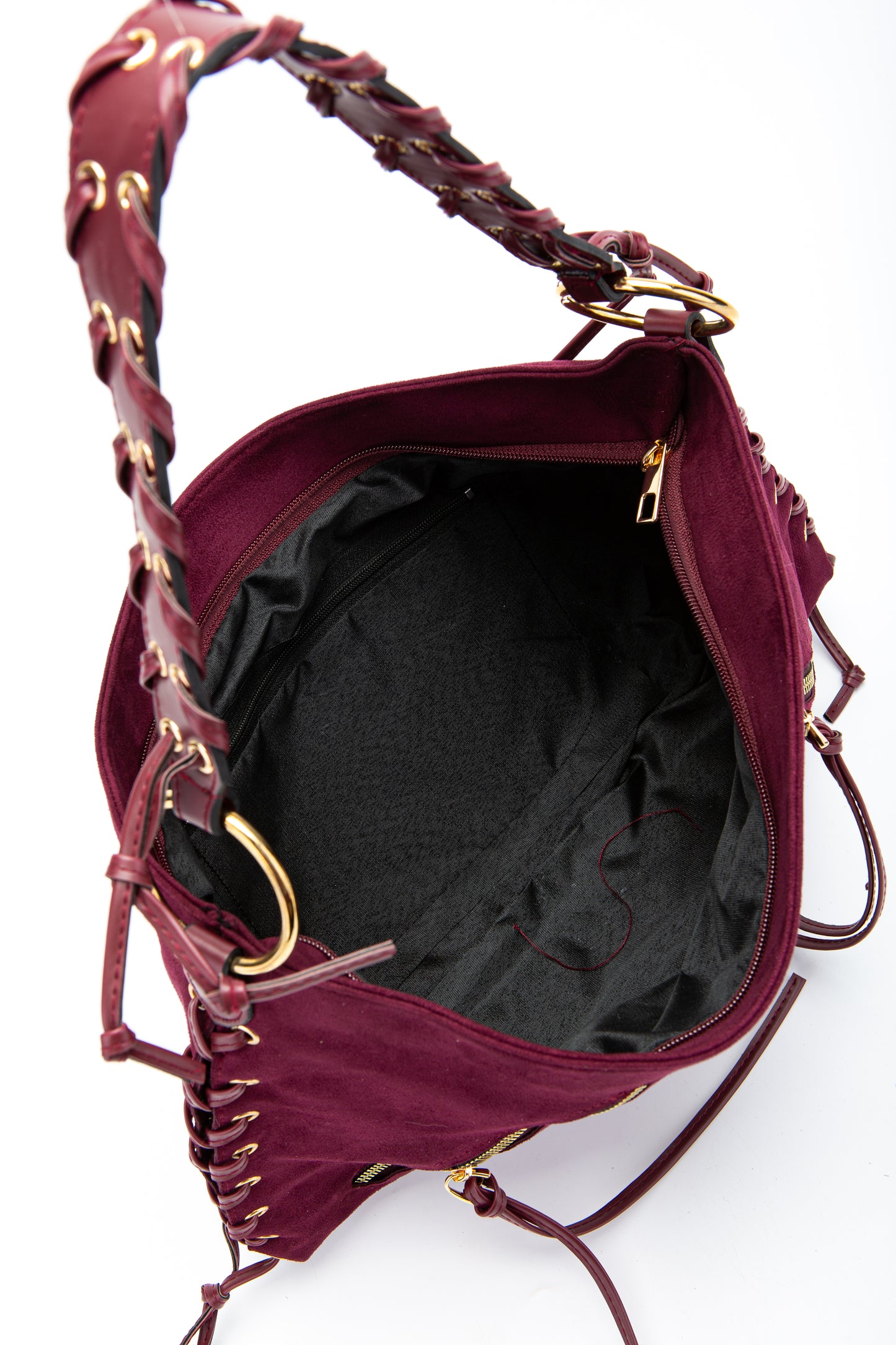 Örgü Saplı İp Sarkıt Detaylı Süet Texas Kadın Kol Çanta Bordo