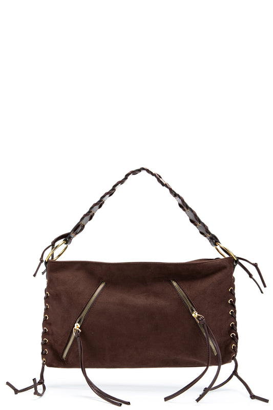 Örgü Saplı İp Sarkıt Detaylı Süet Texas Kadın Kol Çanta Kahverengi