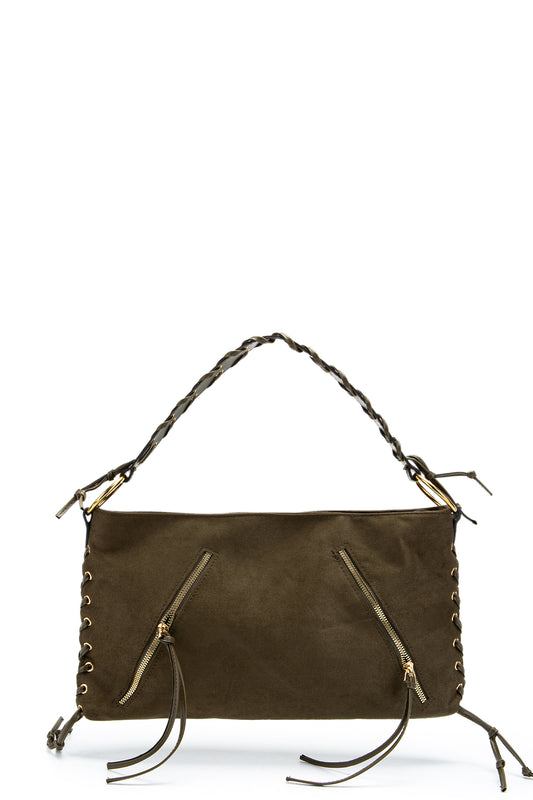 Örgü Saplı İp Sarkıt Detaylı Süet Texas Kadın Kol Çanta Haki