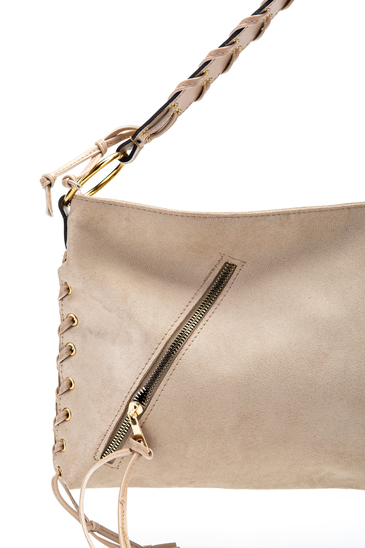 Örgü Saplı İp Sarkıt Detaylı Süet Texas Kadın Kol Çanta Bej