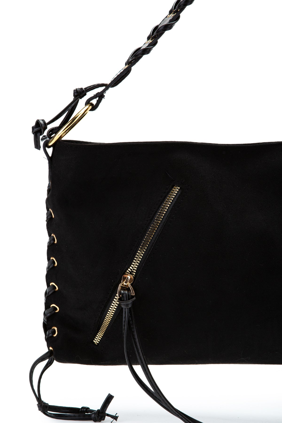 Örgü Saplı İp Sarkıt Detaylı Süet Texas Kadın Kol Çanta Siyah