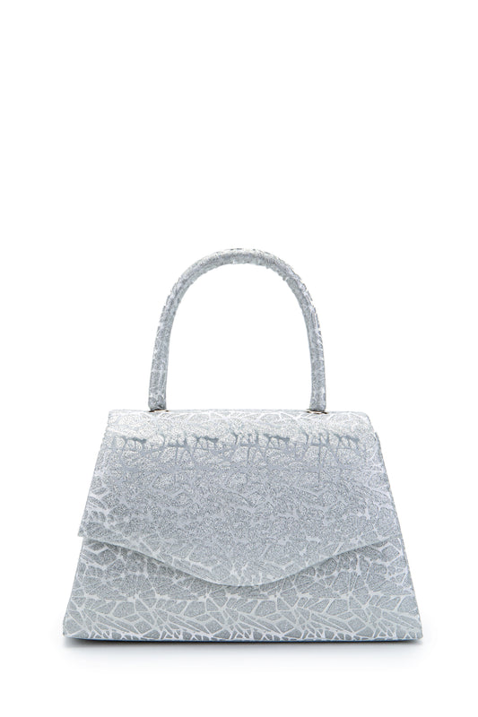 Özel Tasarım Simli Dokulu Shelia Abiye El Çantası Gümüş