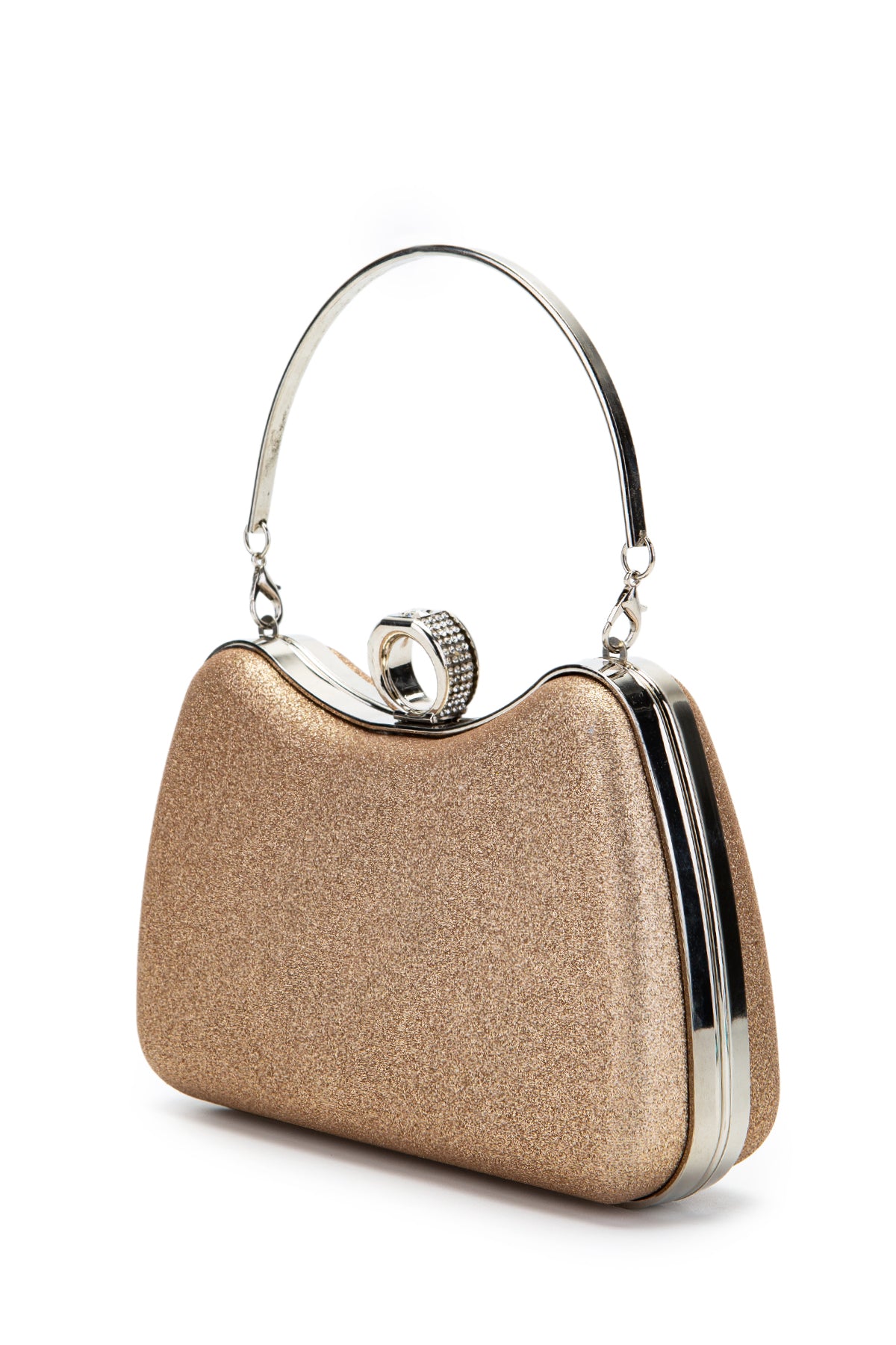 Yüzük Klips Detaylı Simli Morton Abiye Çanta Pudra