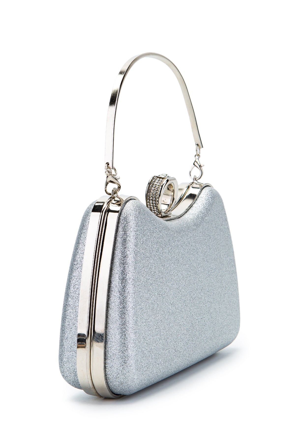 Yüzük Klips Detaylı Simli Morton Abiye Çanta Gümüş