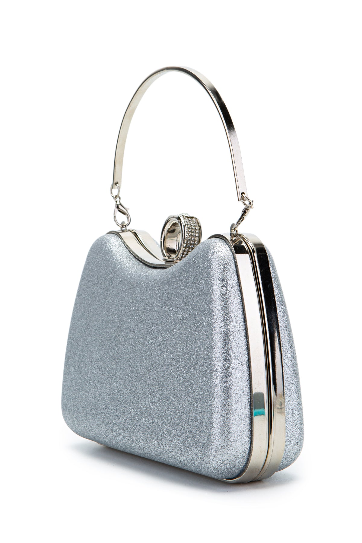 Yüzük Klips Detaylı Simli Morton Abiye Çanta Gümüş