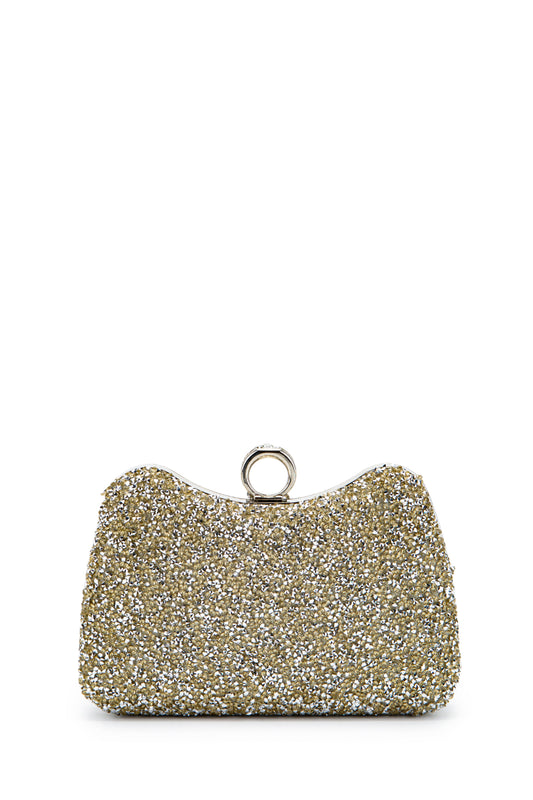 Yüzük Detaylı Taşlı Amanda Abiye El Çantası Altın