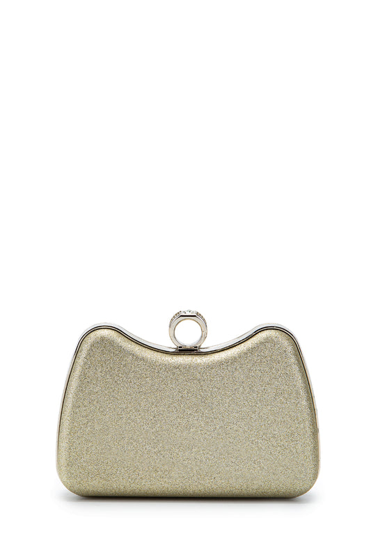 Yüzük Klips Detaylı Simli Morton Abiye Çanta Altın