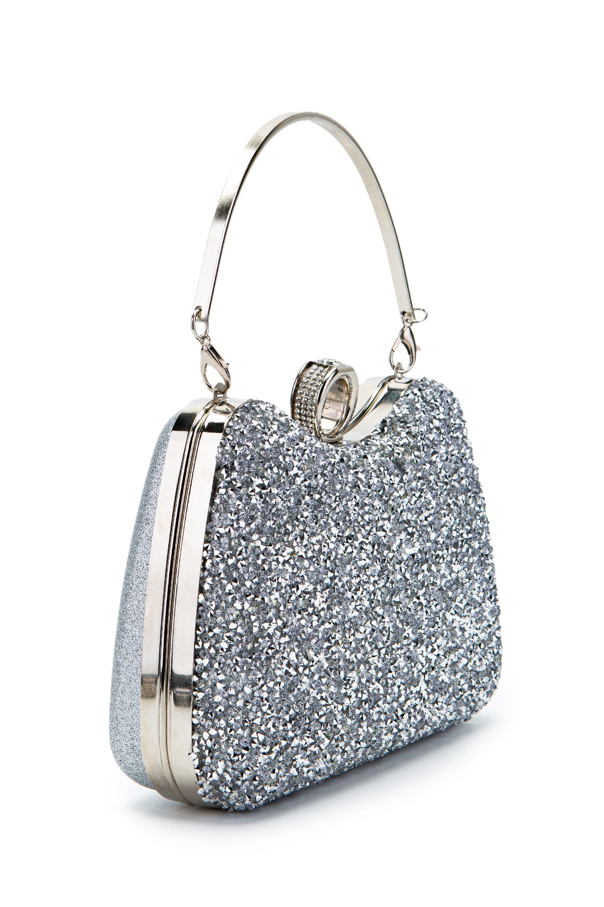 Yüzük Detaylı Taşlı Amanda Abiye El Çantası Gümüş