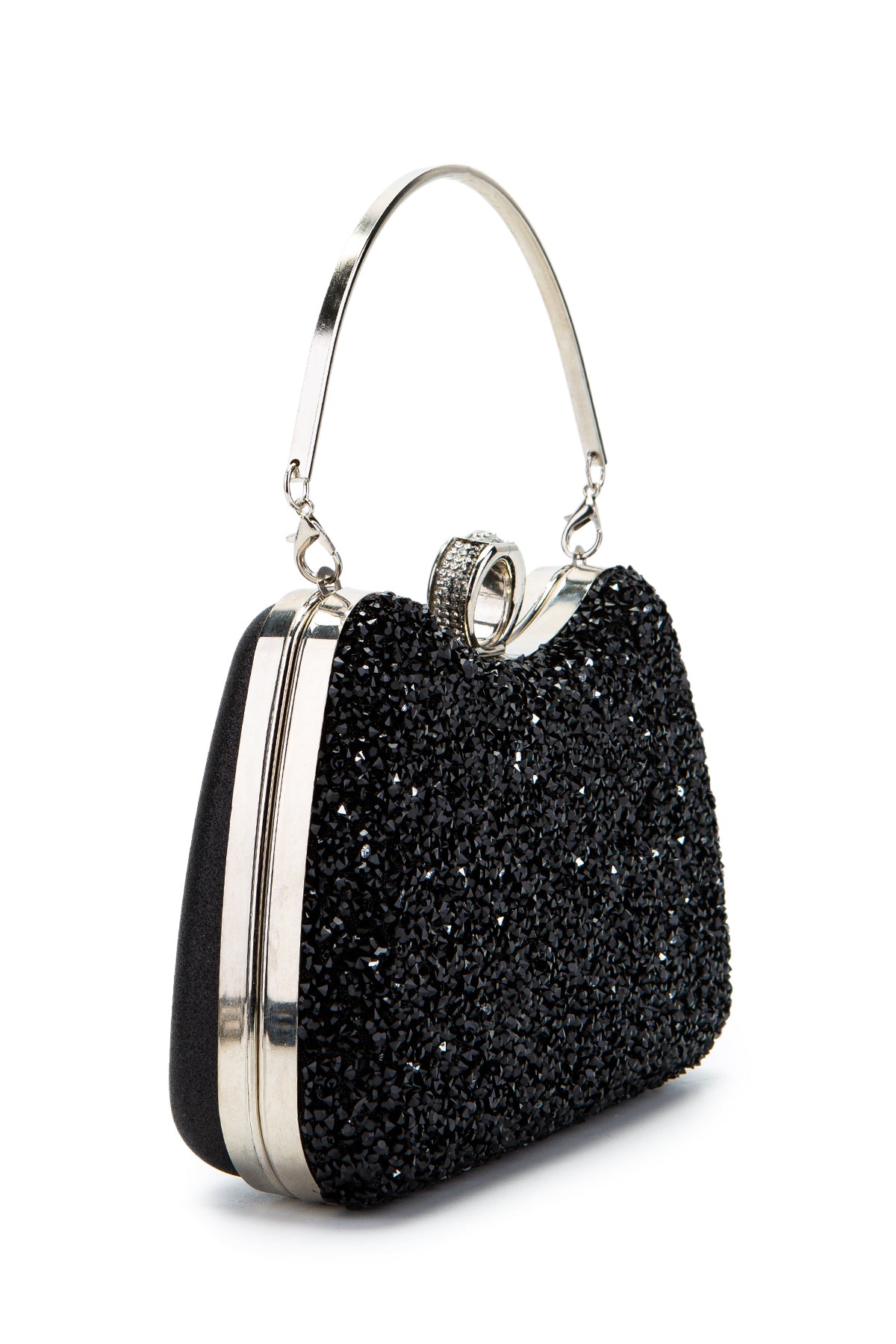 Yüzük Detaylı Taşlı Amanda Abiye El Çantası Siyah