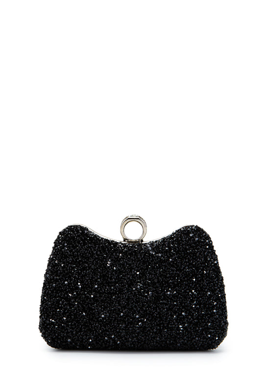 Yüzük Detaylı Taşlı Amanda Abiye El Çantası Siyah