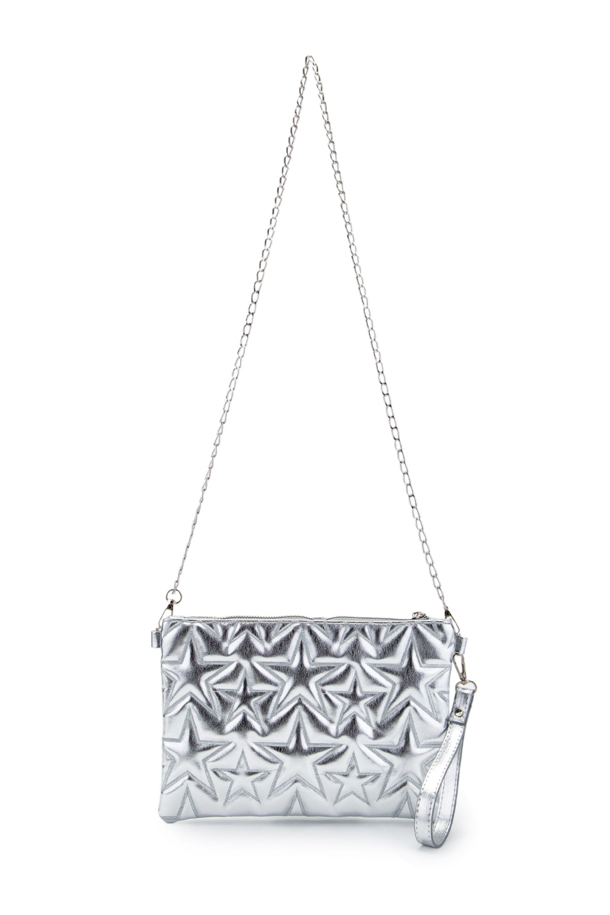 Dikişli Clutch Star Suni Deri Kadın Yıldız Çapraz Çanta Gümüş Rugan