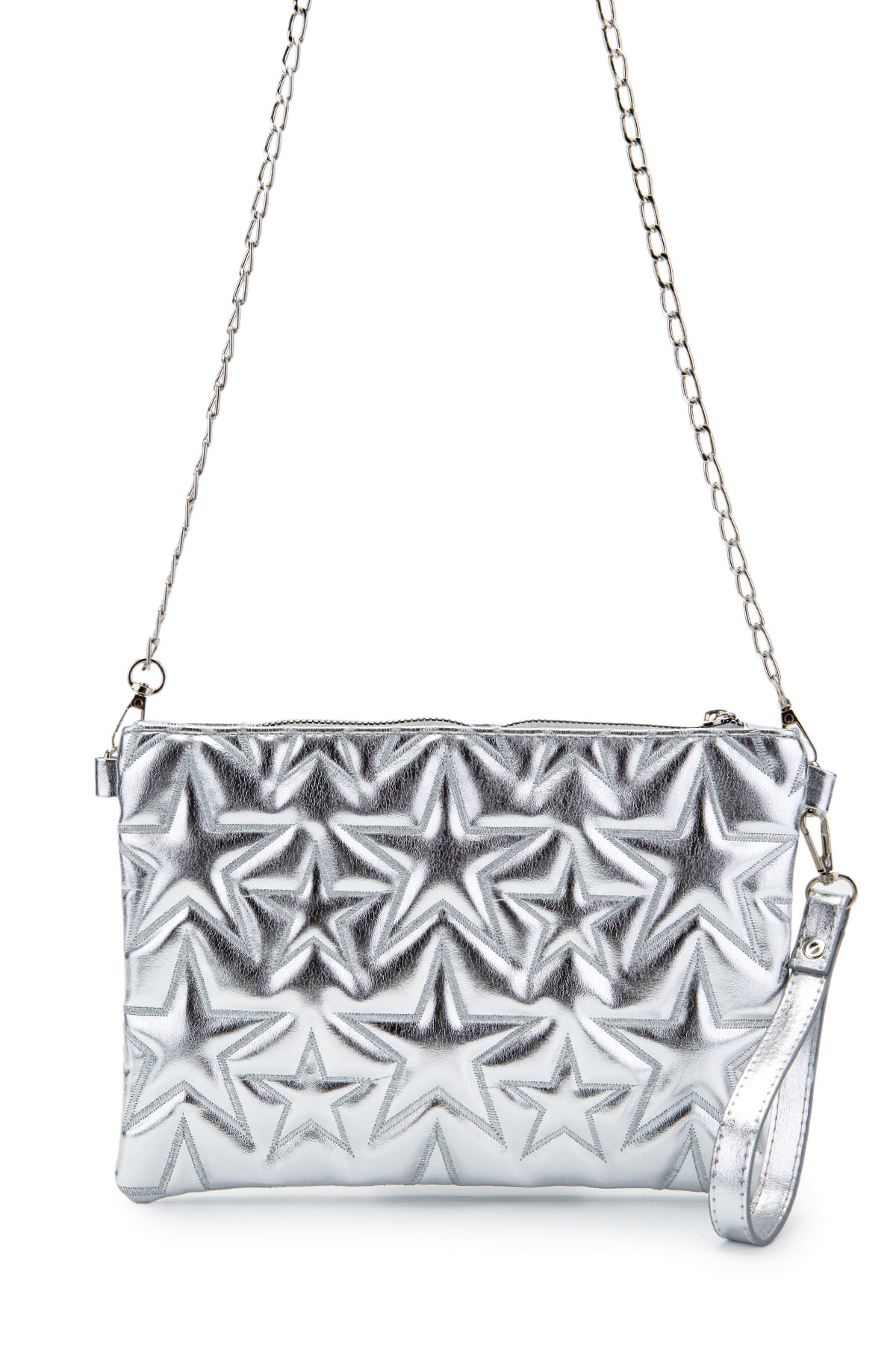 Dikişli Clutch Star Suni Deri Kadın Yıldız Çapraz Çanta Gümüş Rugan