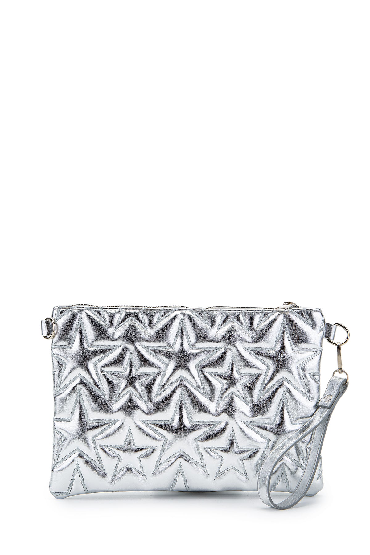 Dikişli Clutch Star Suni Deri Kadın Yıldız Çapraz Çanta Gümüş Rugan