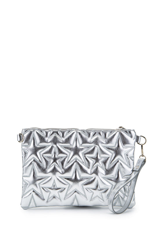 Yıldız Dikişli Clutch Star Kadın Çanta Gümüş Rugan