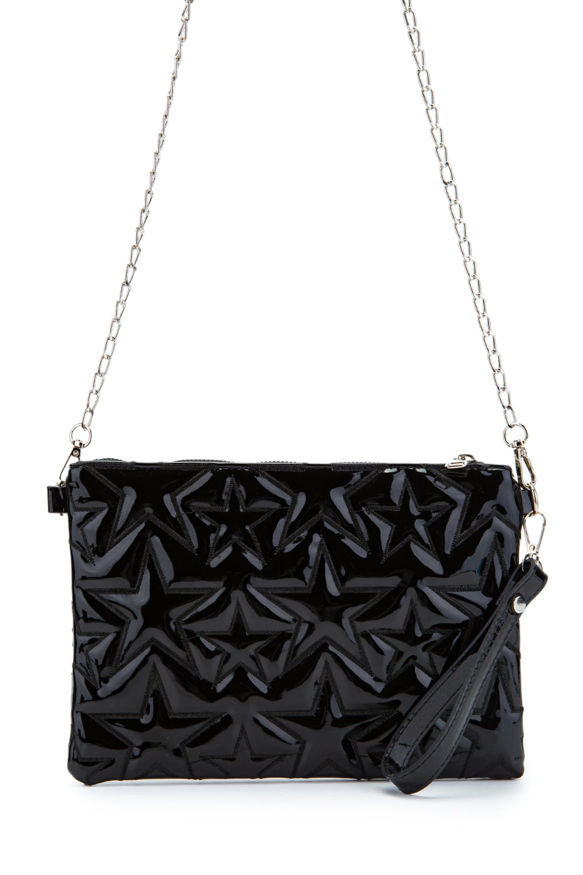 Dikişli Clutch Star Suni Deri Kadın Yıldız Çapraz Çanta Siyah Rugan